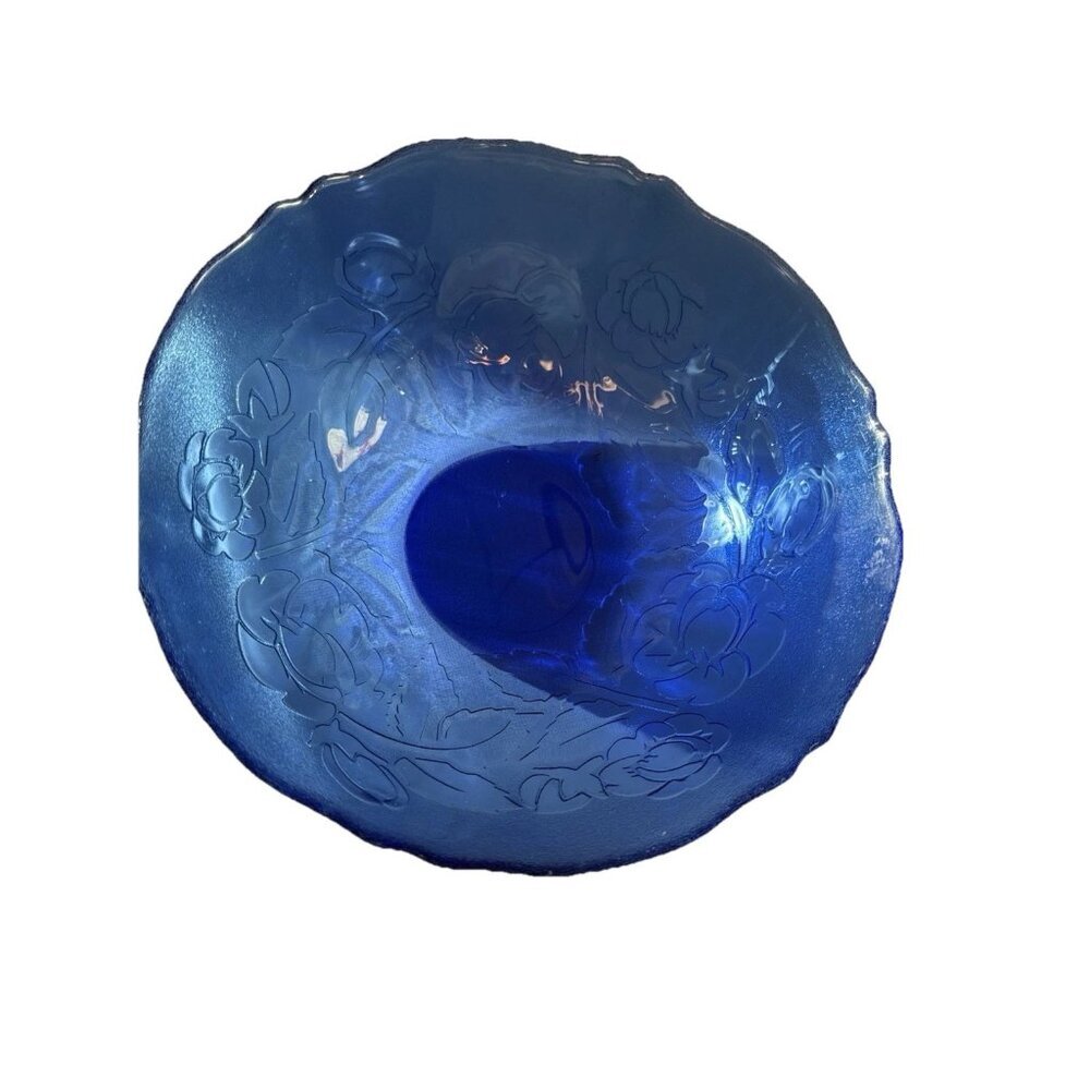 Arcoroc France Blue Glass Floral Scalloped Serving Salad Bowl Cobalt - Picture 3 of 14